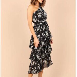 Petal & Pup Black Floral Asymmetrical Ruffled Midi Dress